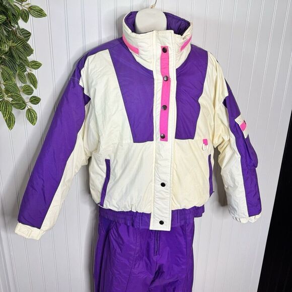 Vintage Sz M 10/12 Purple White Ski Suit Jacket Overall Pants 80s St John’s Bay - Picture 3 of 16